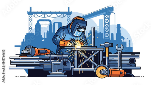 Metal fabrication and welding process in industrial workshop, modern flat vector illustration, ideal for manufacturing and engineering themes