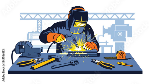 Metal fabrication and welding process in industrial workshop, modern flat vector illustration, ideal for manufacturing and engineering themes
