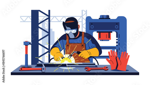 Metal fabrication and welding process in industrial workshop, modern flat vector illustration, ideal for manufacturing and engineering themes
