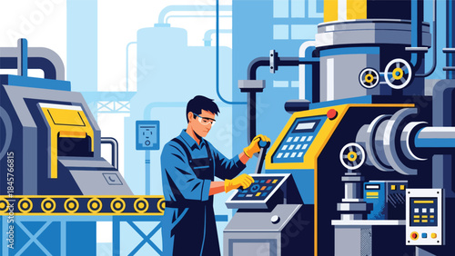 Industrial maintenance worker repairing machinery in factory, modern flat vector illustration, ideal for technical service and industrial operations visuals