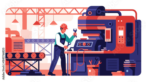 Industrial maintenance worker repairing machinery in factory, modern flat vector illustration, ideal for technical service and industrial operations visuals