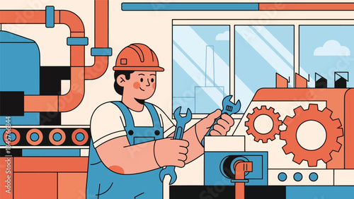 Industrial maintenance worker repairing machinery in factory, modern flat vector illustration, ideal for technical service and industrial operations visuals