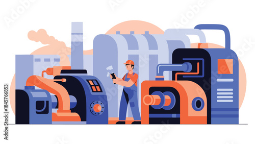 Industrial maintenance worker repairing machinery in factory, modern flat vector illustration, ideal for technical service and industrial operations visuals