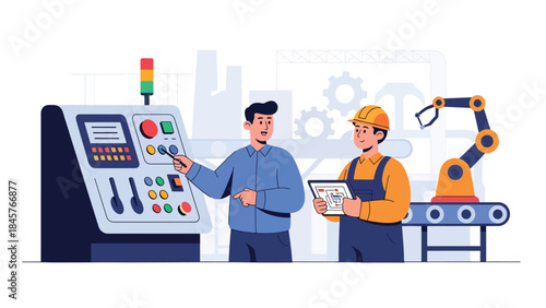 Industrial training program for workers in factory setting, modern flat vector illustration, ideal for education, skills, and workforce development