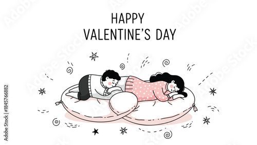 Two people lying on heart shaped pillows celebrating valentine's day with a sweet and romantic atmosphere
