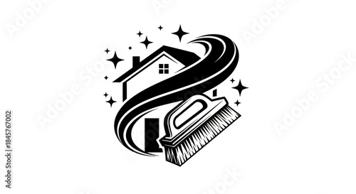 House Cleaning Service Logo with Brush and Sparkling Elements.