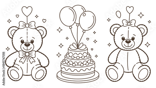 Cute teddy bears celebrate birthday with cake and balloons