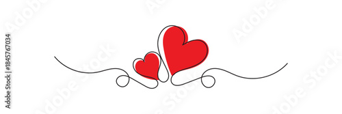 Two Red Hearts Continuous One Line Drawing. Hearts Couple Trendy Minimalist Illustration. Love Minimalist Contour Art. Vector illustration
