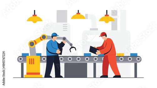 Industrial teamwork collaboration in factory environment, modern flat vector illustration, ideal for leadership, productivity, and business visuals