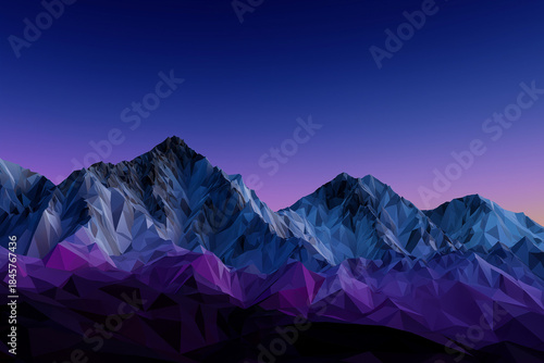 This image features stylized polygonal mountains set against a stunning twilight sky with gradients of purple and blue, presenting an abstract artistic interpretation of nature.