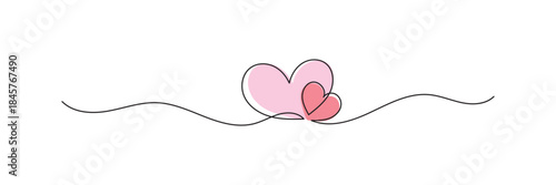 Two Hearts Continuous One Line Drawing. Valentines day concept. Hearts Couple Trendy Minimalist Illustration. Love Minimalist Contour vector hand draw sketch, 2 love shape, one line, isolated on white