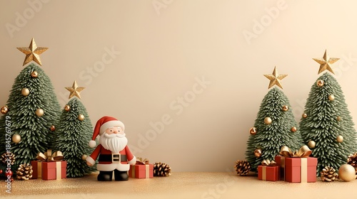 Festive Christmas banner with 3D Santa Claus and snowman miniature, pine trees and gift boxes. winter background scene.
