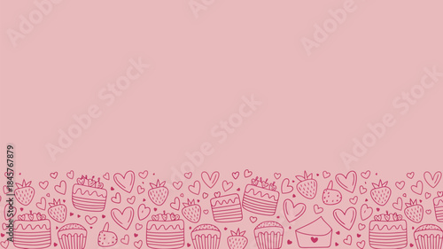 Sweet pink dessert border with cakes and hearts