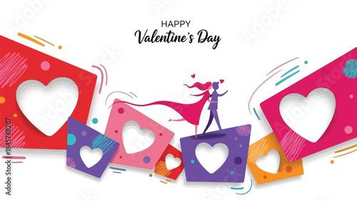 Valentine's day celebration with colorful heart shaped cards and a happy couple