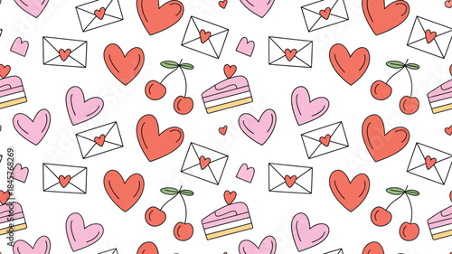 Whimsical Valentine's Day pattern with hearts and treats