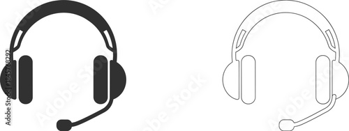 Black Silhouette and Outline of Headphones with Microphone headset audio