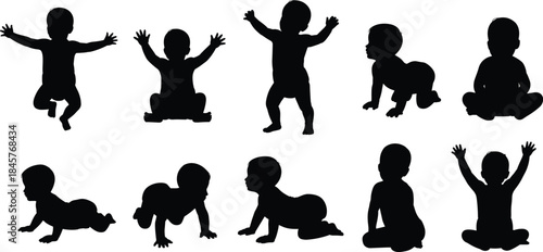 Collection of Baby Silhouettes in Various Poses on White Background Keywords: baby, silhouette, child, infant, toddler, cute