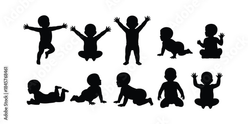 Collection of black silhouettes of babies in different playful poses and activities on a white background