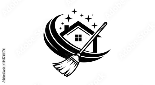 Clean House Broom Stars Crescent Moon Logo Design.