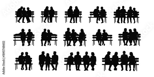 Collection of black silhouettes of people sitting on park benches in different group sizes vector illustration