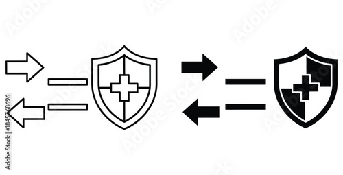 Medical security concept showing bidirectional data flow protected by a health shield icon in outline and solid styles