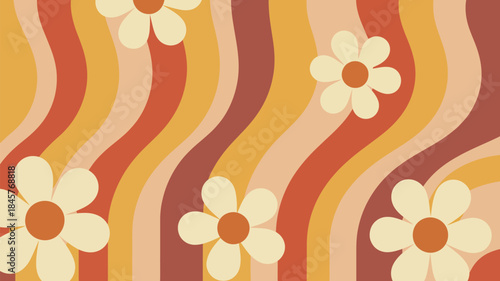Vibrant floral pattern with wavy lines and daisies in warm colors