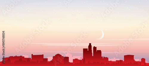 Red panoramic poster of the city skyline with misty background buildings, sunrise, moon and clouds of LOS ANGELES, CALIFORNIA