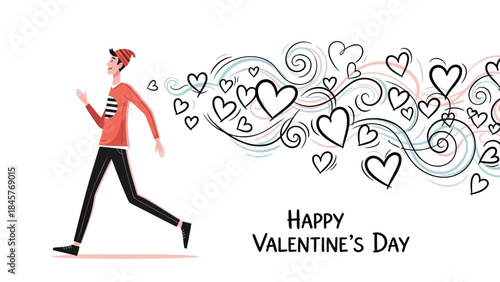 Man walking with hearts floating around him on valentine's day with a joyful feeling