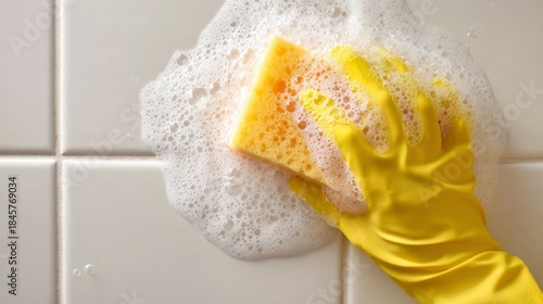 Close-up of a Gloved Hand Wiping Bathroom Tile with a Sponge and Suds for Deep Cleaning Purposes