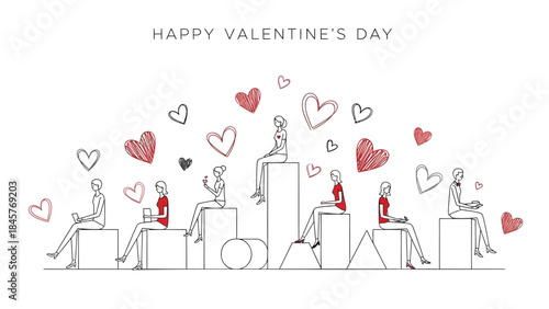 Valentine's day celebration with people sitting on blocks surrounded by hearts