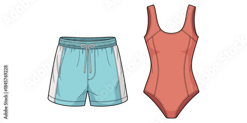 Coral Swimsuit and Blue Swim Trunks with Drawstring on White Background bathing suit one piece