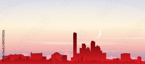 Red panoramic poster of the city skyline with misty background buildings, sunrise, moon and clouds of MIAMI, FLORIDA