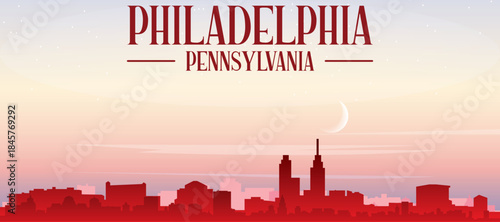 Red panoramic poster of the city skyline with misty background buildings, sunrise, moon and clouds of PHILADELPHIA, PENNSYLVANIA