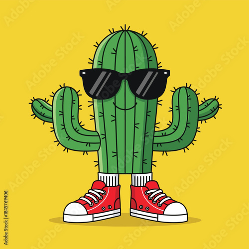 Funny cartoon cactus wearing trendy sunglasses and sneakers