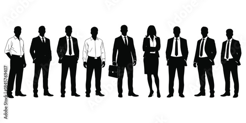Diverse group of business people silhouettes standing in a line on white background vector illustration