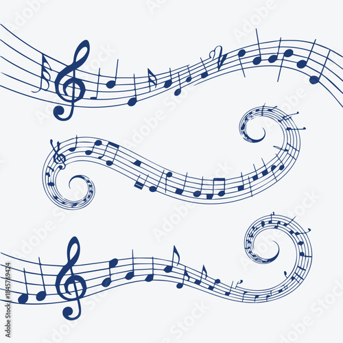Elegant Swirling Music Staff Vector Set with Treble Clef and Notes