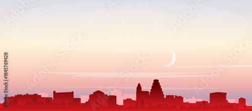 Red panoramic poster of the city skyline with misty background buildings, sunrise, moon and clouds of AUSTIN, TEXAS