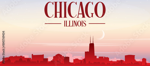 Red panoramic poster of the city skyline with misty background buildings, sunrise, moon and clouds of CHICHAGO, ILLINOIS