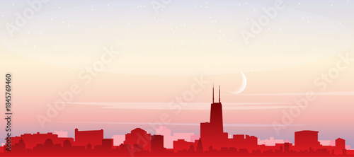 Red panoramic poster of the city skyline with misty background buildings, sunrise, moon and clouds of CHICHAGO, ILLINOIS