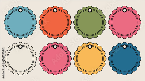 Colorful scalloped labels in various vibrant hues and blank