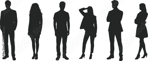 Diverse group of male and female silhouettes in various poses and attire woman