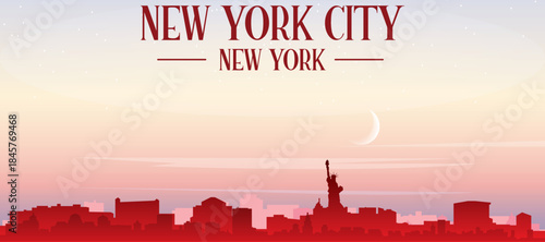 Red panoramic poster of the city skyline with misty background buildings, sunrise, moon and clouds of NEW YORK CITY, NEW YORK