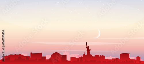 Red panoramic poster of the city skyline with misty background buildings, sunrise, moon and clouds of NEW YORK CITY, NEW YORK