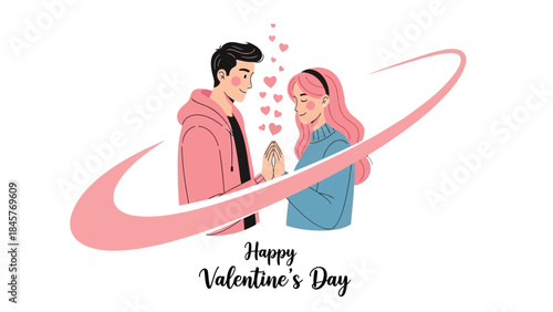 Young couple in love with hearts on valentine's day with pink hair