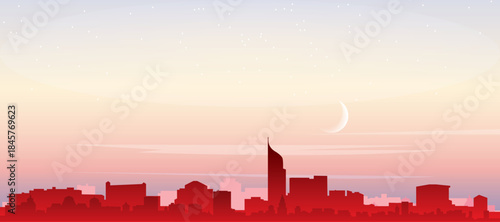 Red panoramic poster of the city skyline with misty background buildings, sunrise, moon and clouds of JAKARTA, INDONESIA