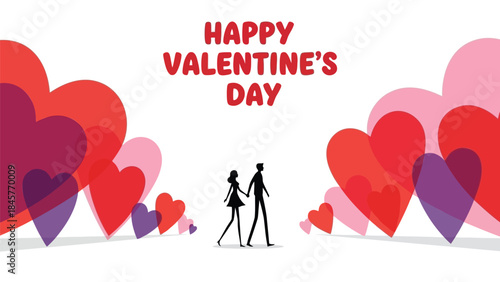 Happy valentine's day greeting card with colorful hearts and loving couple silhouette