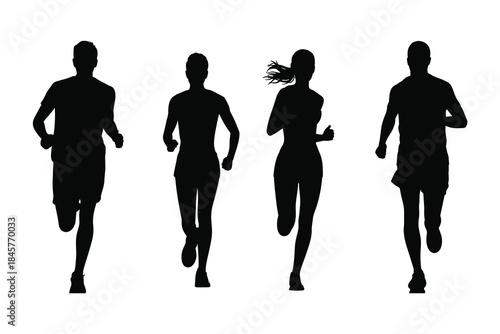 Four Black Silhouettes of Runners in Motion on a White Background Keywords: silhouette, runners, running, people, man, woman