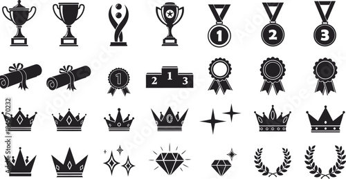 Collection of black and white icons featuring trophies medals crowns and laurels for awards and recognition