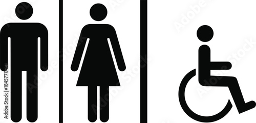 Male female and disabled person restroom signs on white background Keywords: restroom, toilet, WC, bathroom, sign, symbol, icon