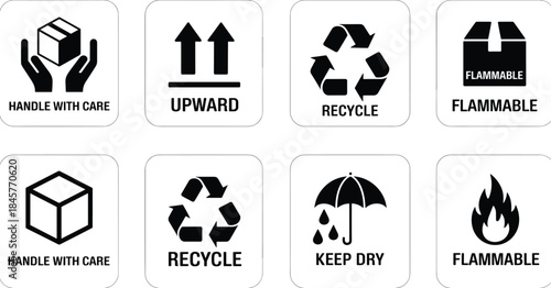 Set of eight shipping and handling icons with black symbols on a white background care